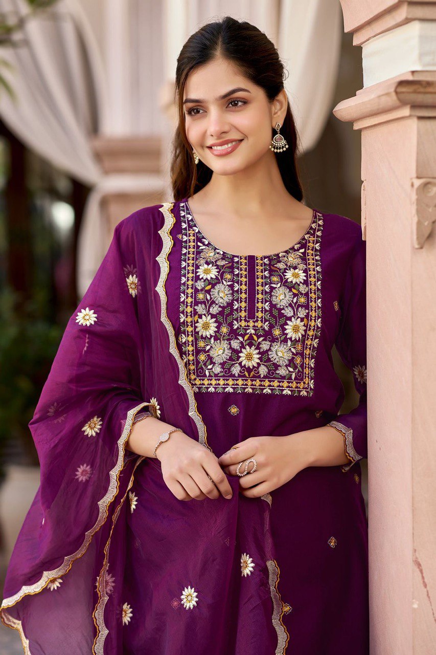 Gorgeous Teal Blue Reyon Embroidery Suit