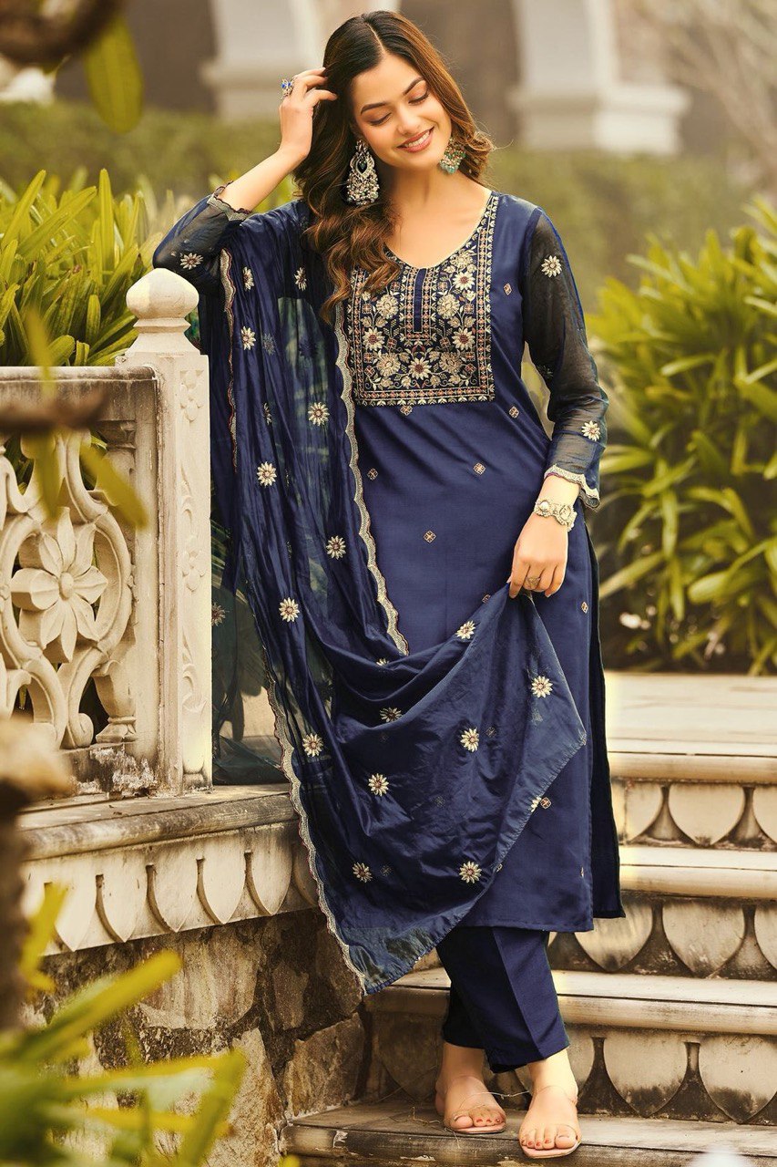 Gorgeous Teal Blue Reyon Embroidery Suit