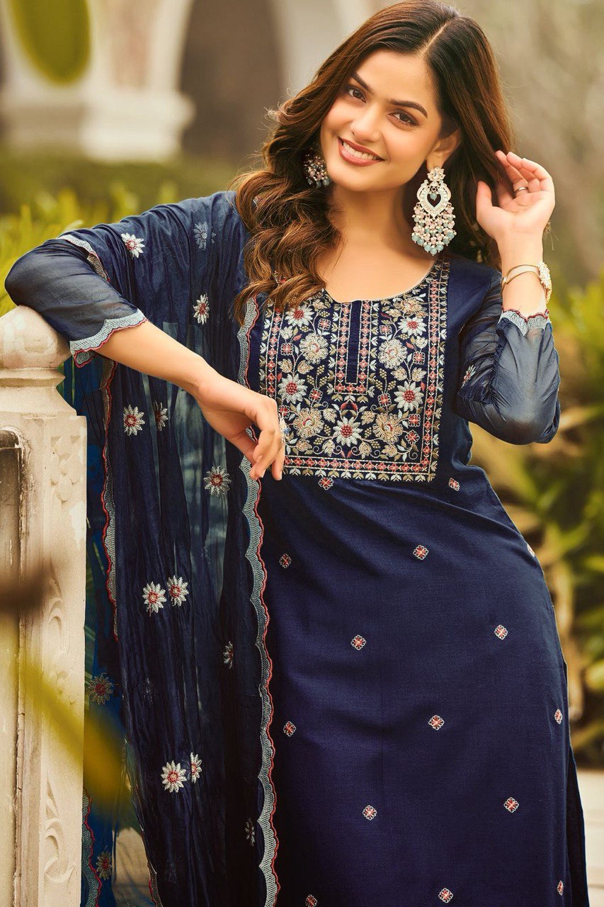 Gorgeous Teal Blue Reyon Embroidery Suit