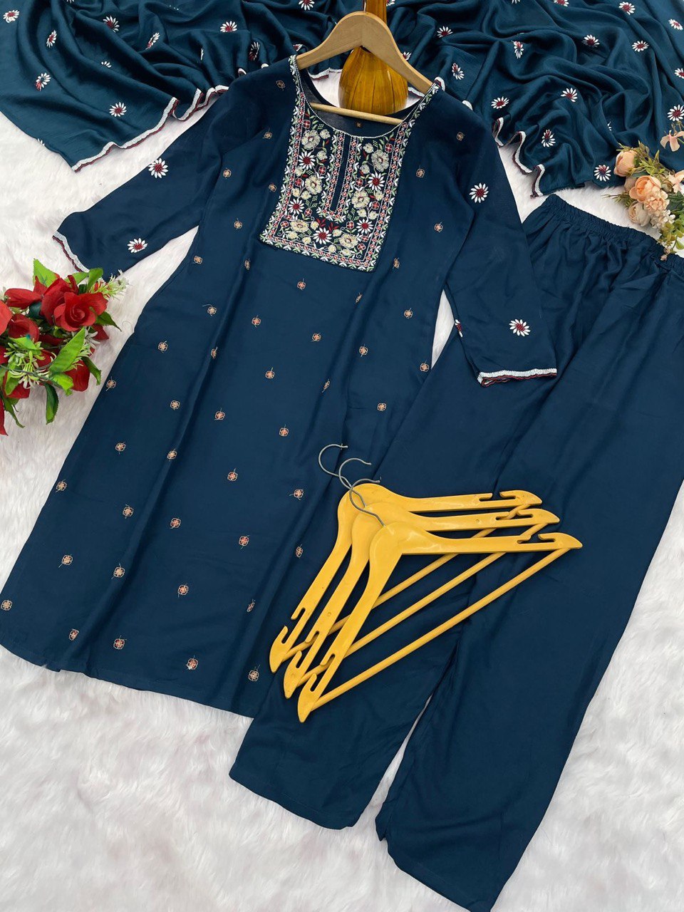 Gorgeous Teal Blue Reyon Embroidery Suit