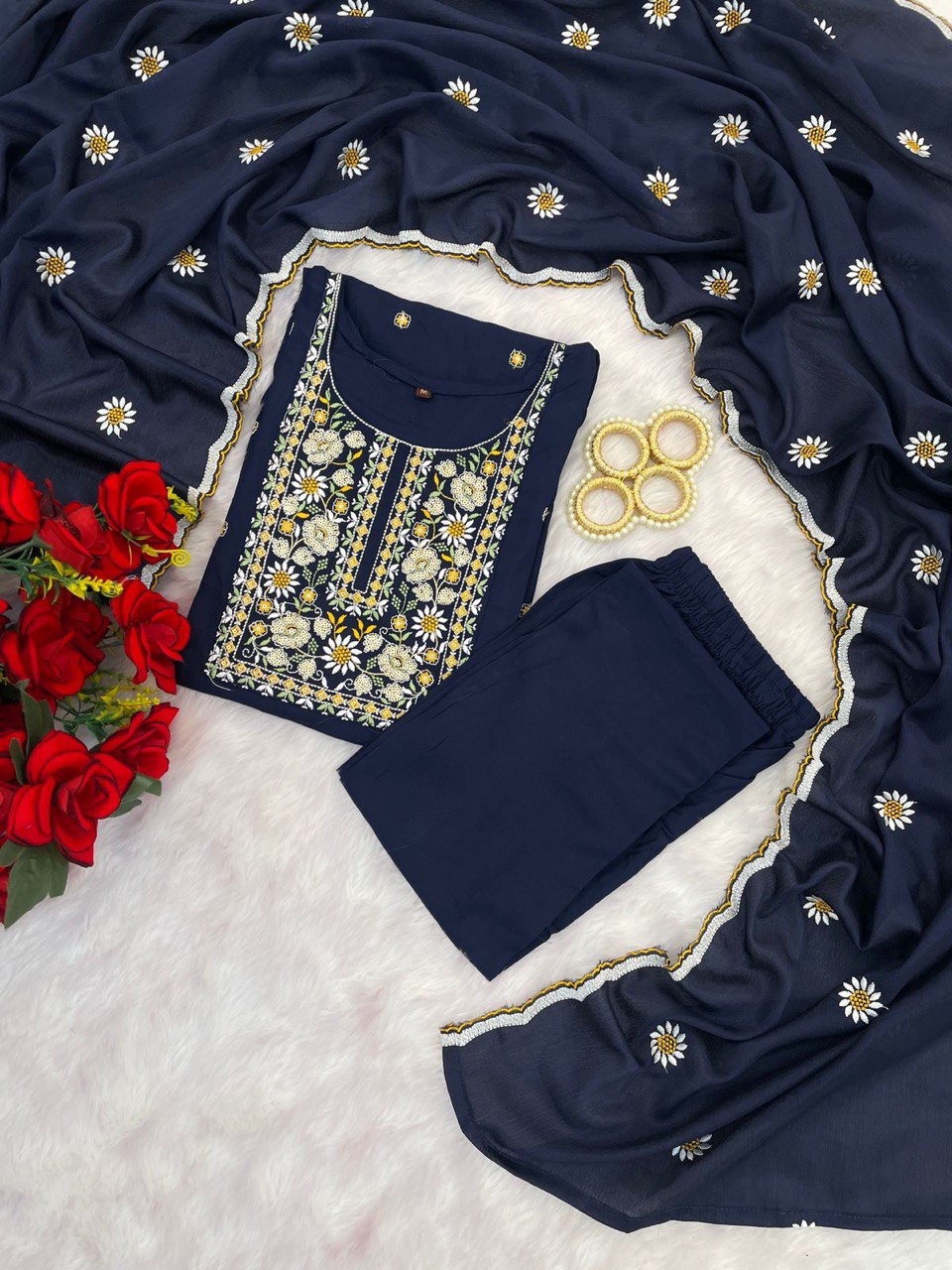 Gorgeous Teal Blue Reyon Embroidery Suit