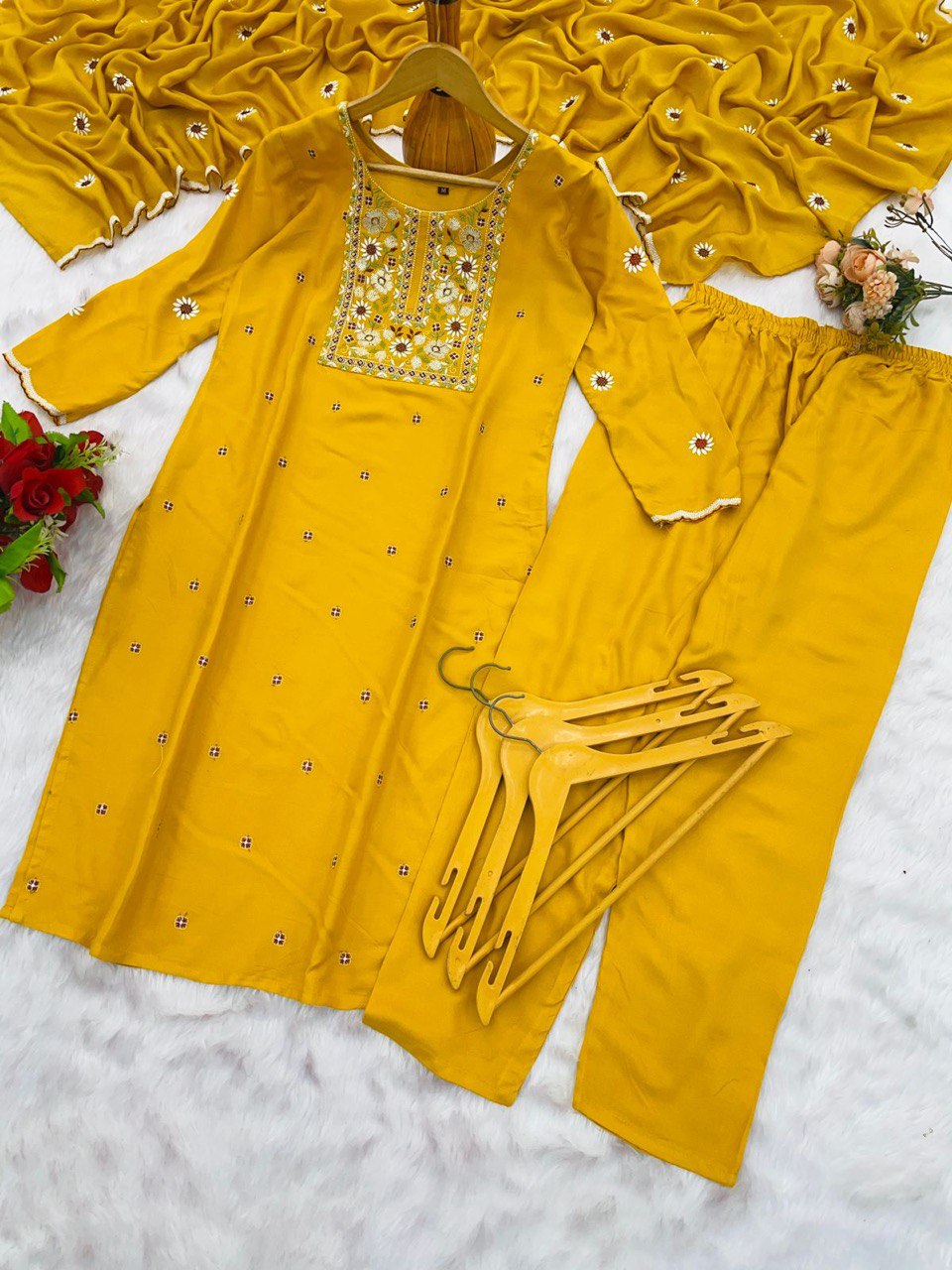 Gorgeous Teal Blue Reyon Embroidery Suit