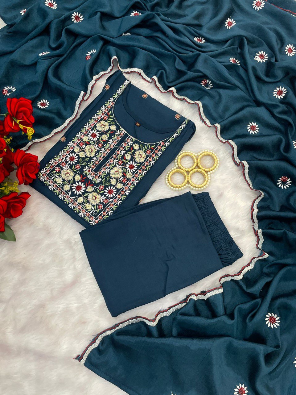 Gorgeous Teal Blue Reyon Embroidery Suit