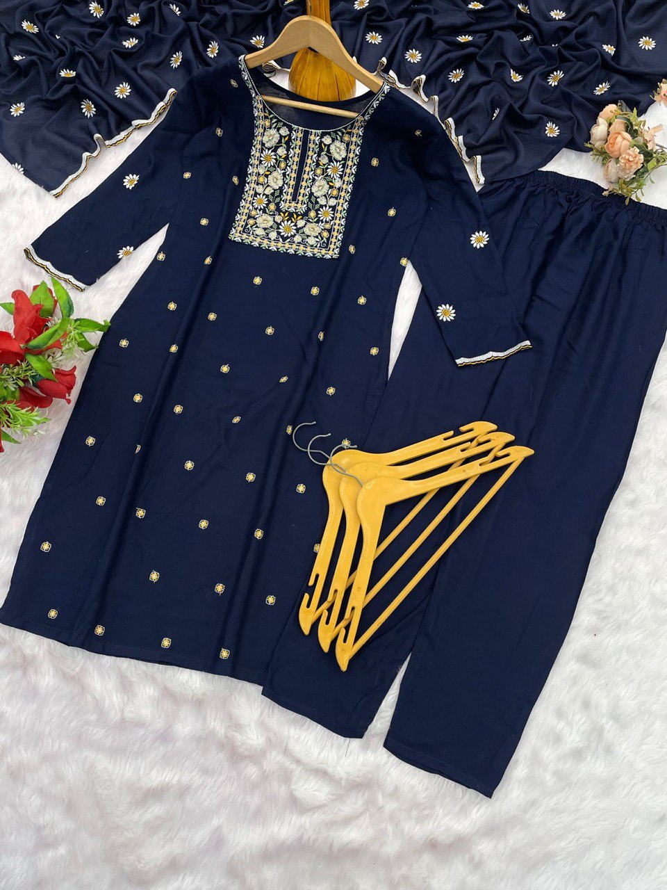 Gorgeous Teal Blue Reyon Embroidery Suit