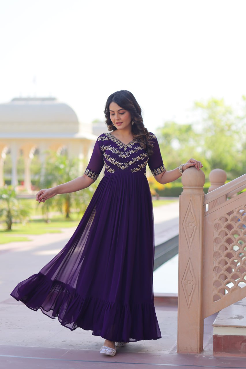 Designer Purple Blooming Work Gown