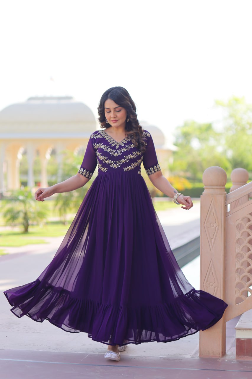 Designer Purple Blooming Work Gown