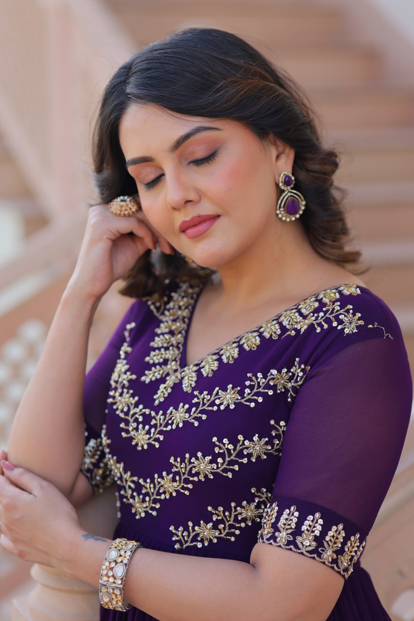 Designer Purple Blooming Work Gown