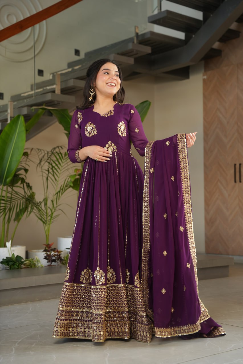 Lovely Purple Blooming Zari Work Gown