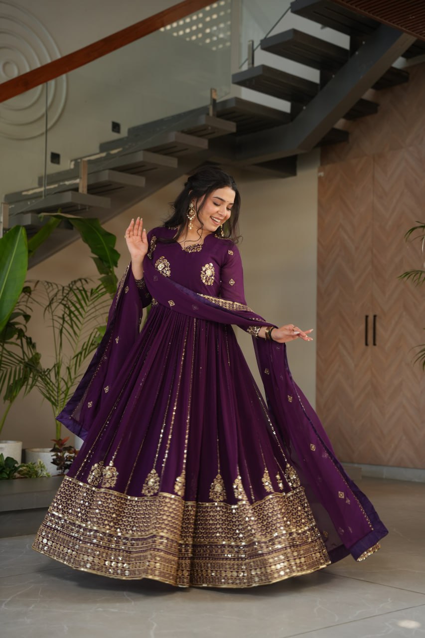 Lovely Purple Blooming Zari Work Gown