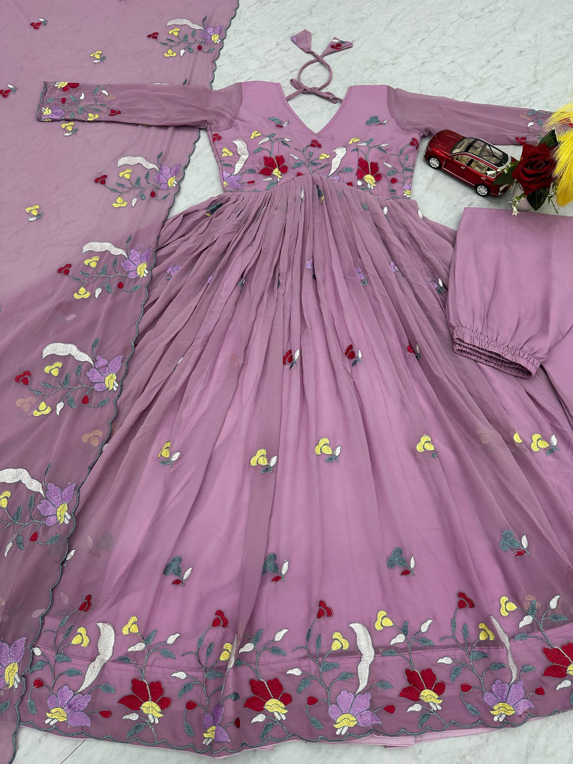 Exotic Lavender Georgette Thread Work Gown