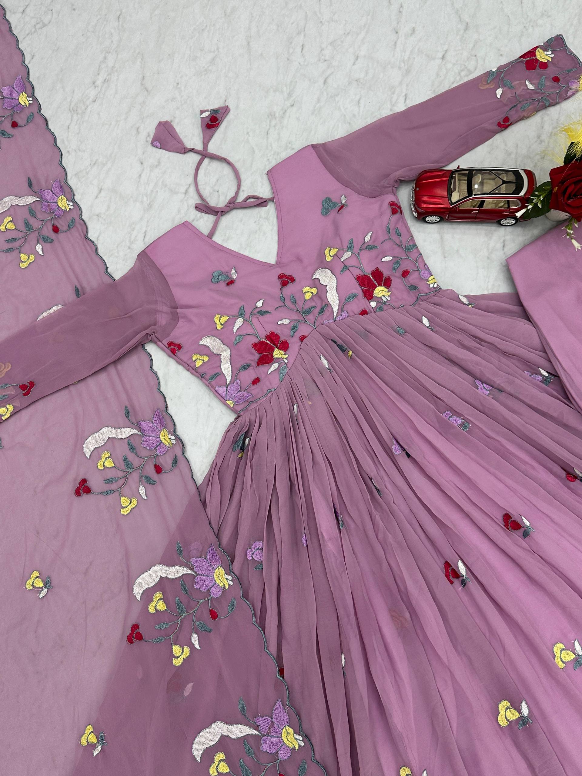 Exotic Lavender Georgette Thread Work Gown