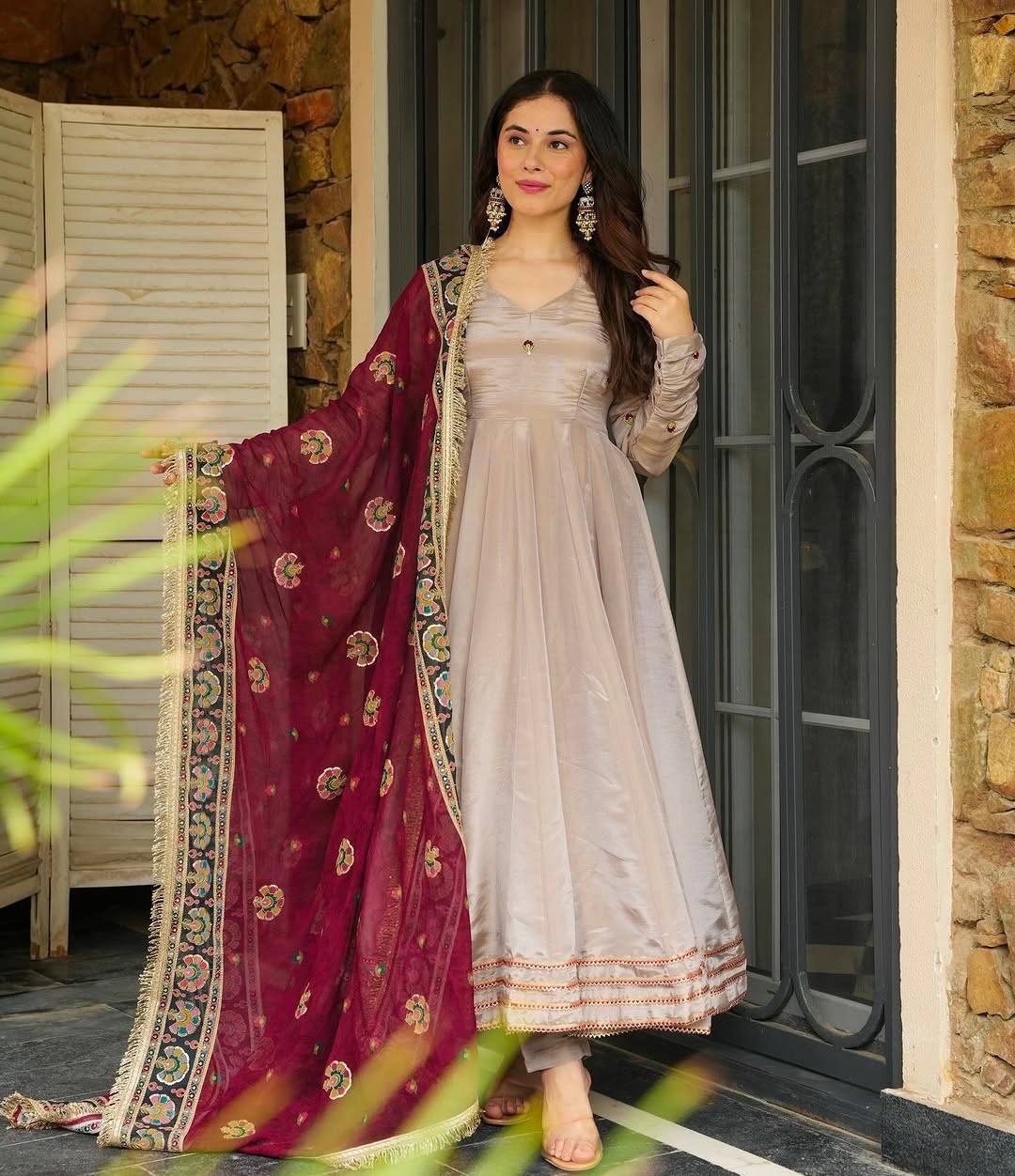 Pretty Gray Crepe Sequence Work Gown