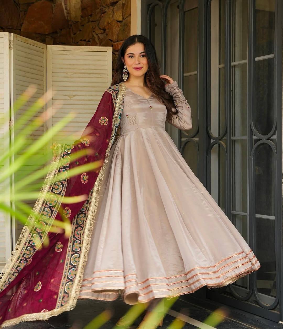 Pretty Gray Crepe Sequence Work Gown