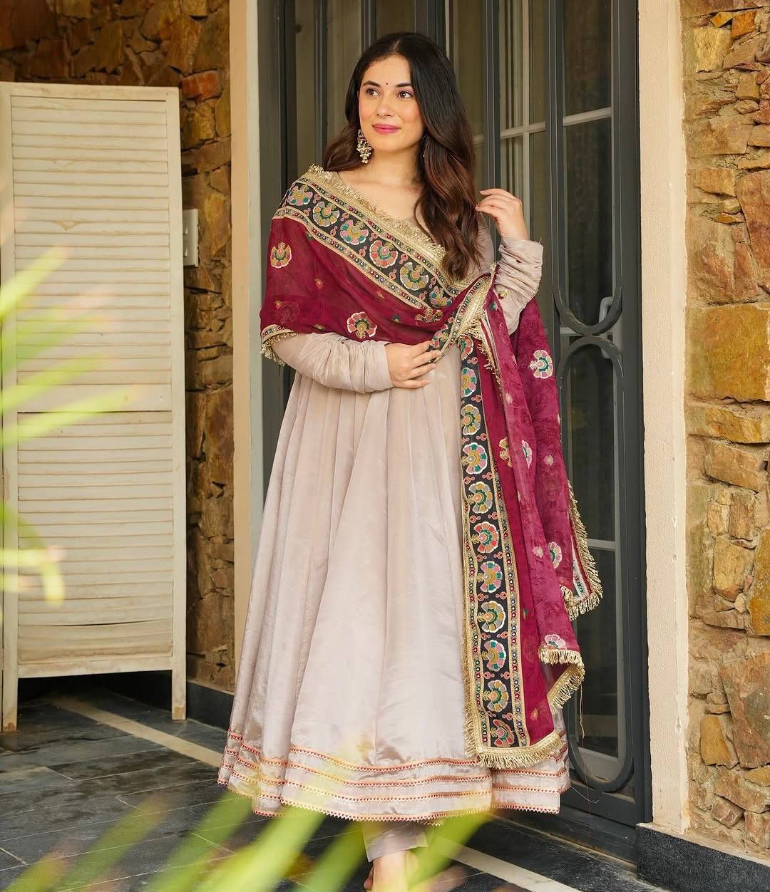 Pretty Gray Crepe Sequence Work Gown