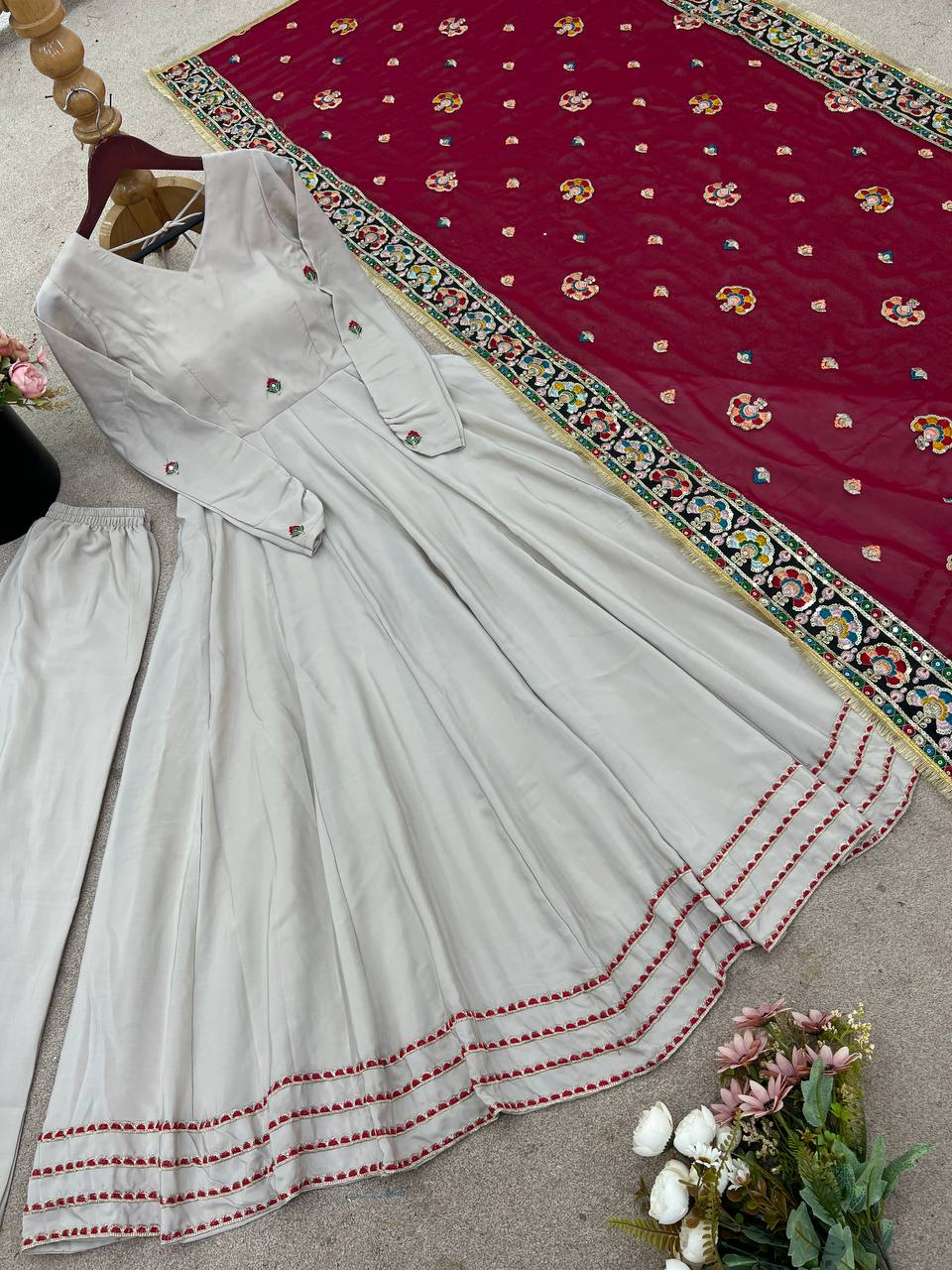 Pretty Gray Crepe Sequence Work Gown