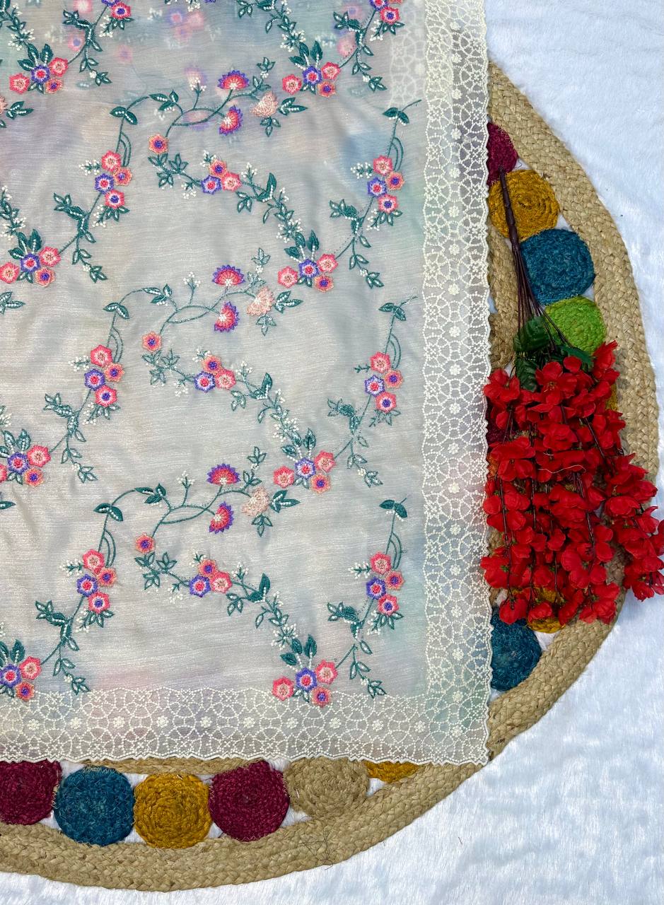 Glimmering Off White Embroidery Work Organza Saree