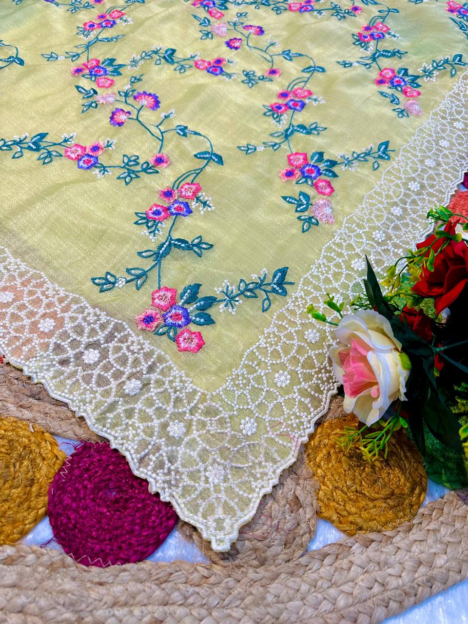 Glimmering Off White Embroidery Work Organza Saree