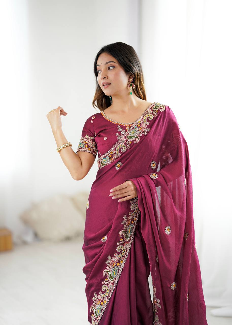 Alluring Wine Color Crush Work Saree For Festival Wear