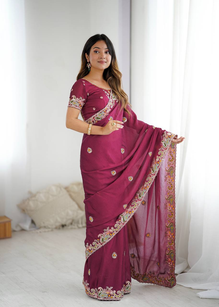 Alluring Wine Color Crush Work Saree For Festival Wear