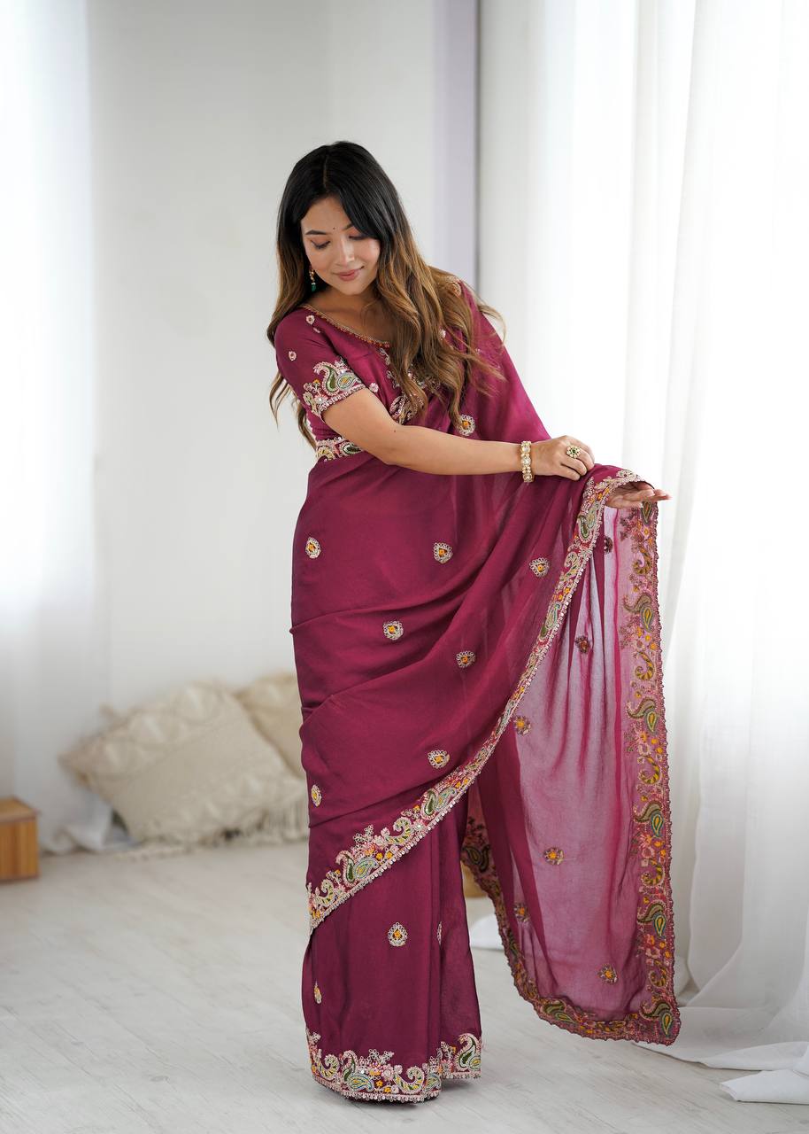 Alluring Wine Color Crush Work Saree For Festival Wear