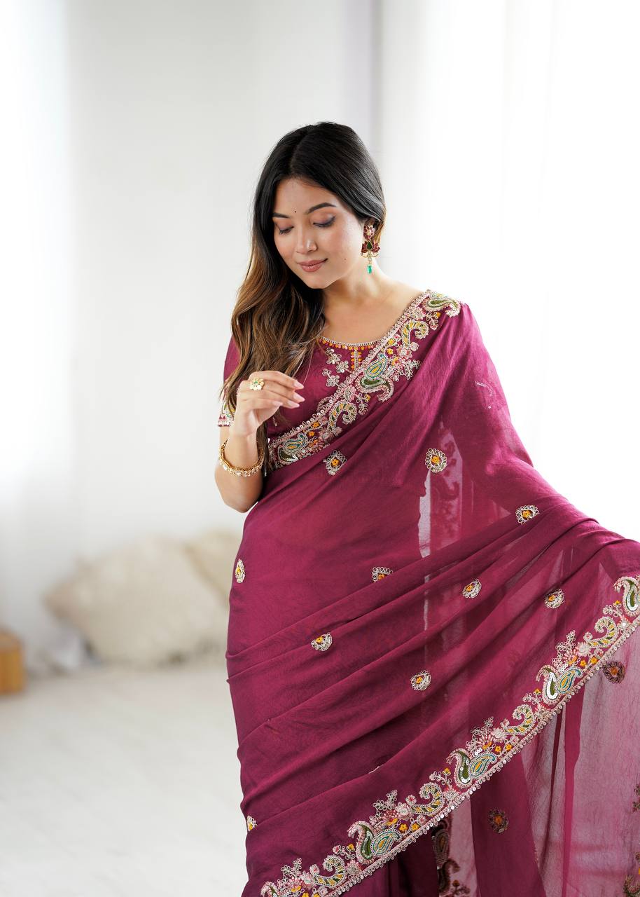Alluring Wine Color Crush Work Saree For Festival Wear