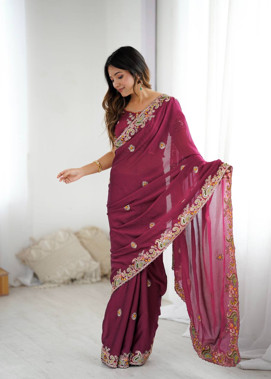 Alluring Wine Color Crush Work Saree For Festival Wear