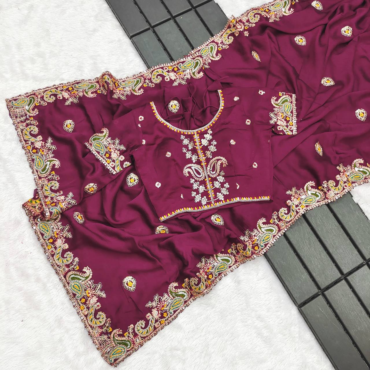 Alluring Wine Color Crush Work Saree For Festival Wear