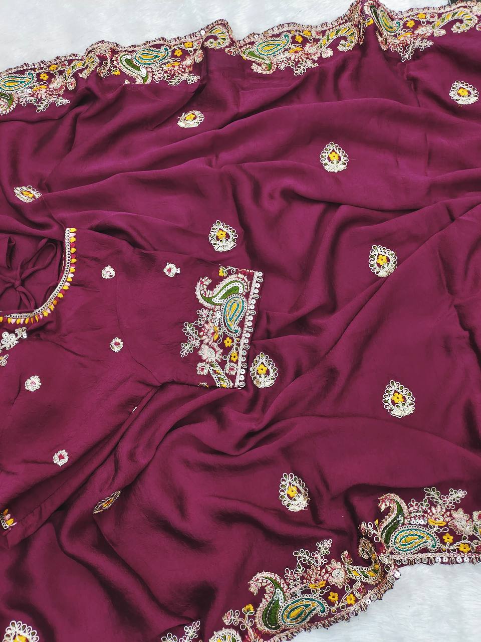 Alluring Wine Color Crush Work Saree For Festival Wear