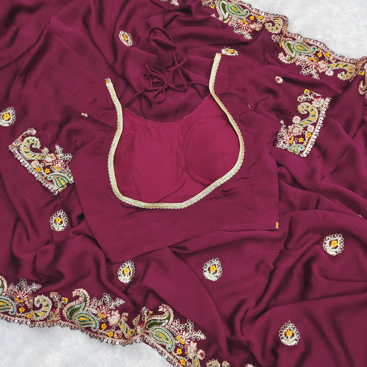 Alluring Wine Color Crush Work Saree For Festival Wear