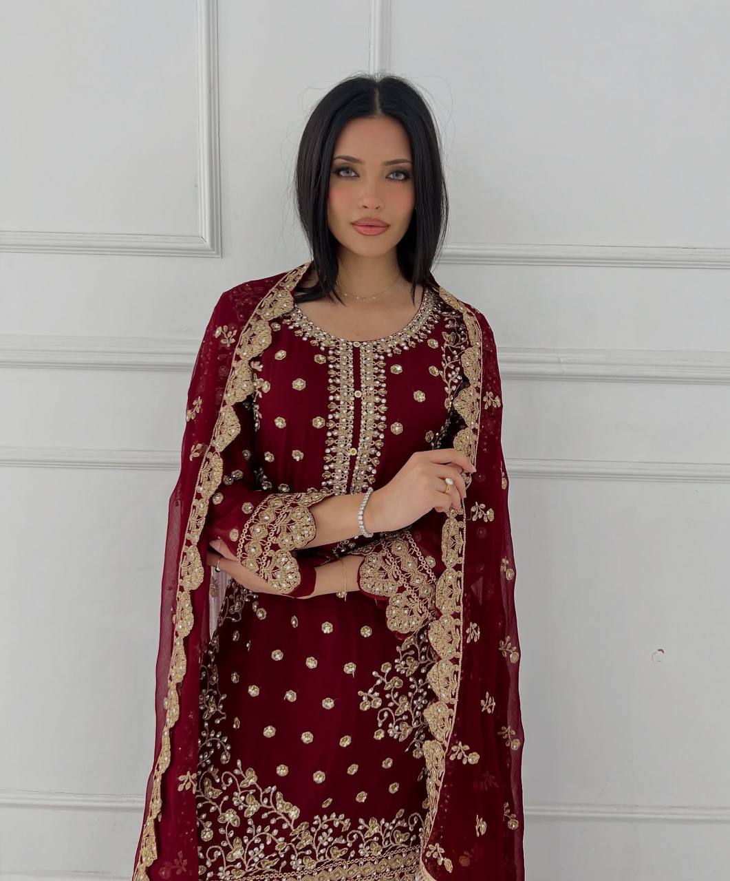Alluring Maroon Georgette Sequence Work Palazzo Suit