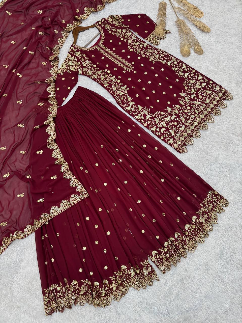 Alluring Maroon Georgette Sequence Work Palazzo Suit