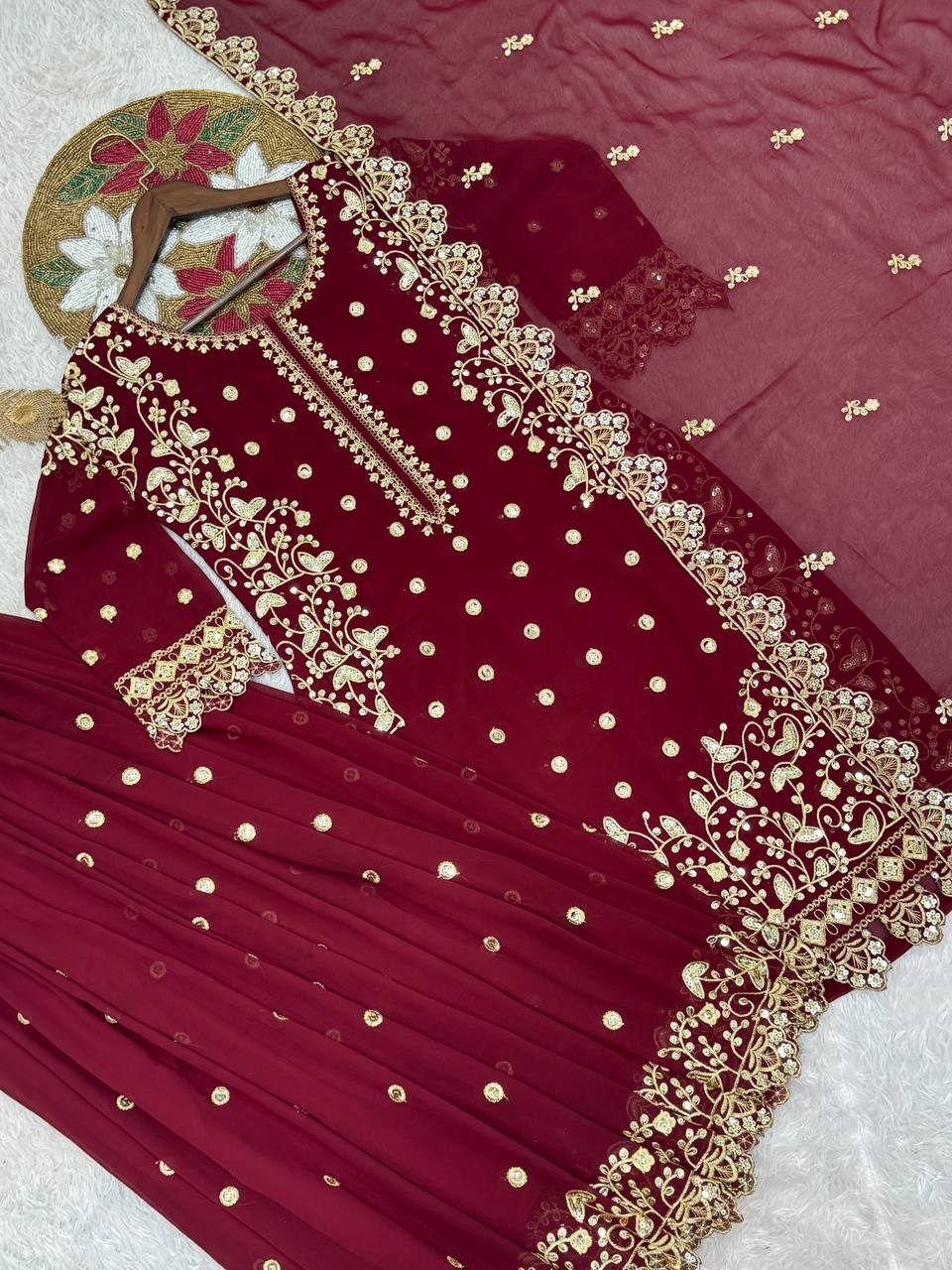 Alluring Maroon Georgette Sequence Work Palazzo Suit