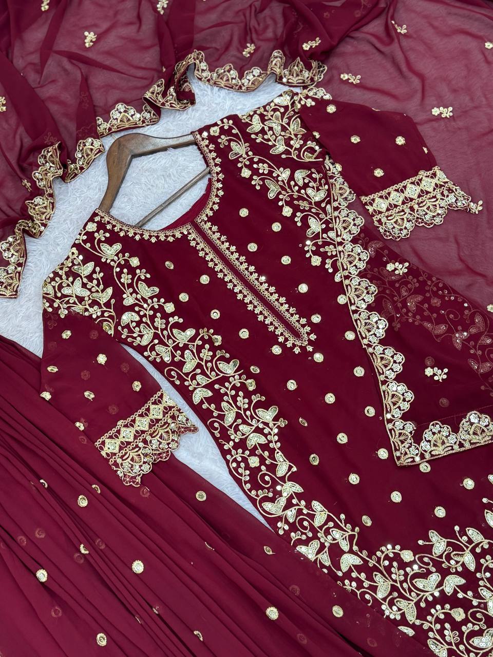 Alluring Maroon Georgette Sequence Work Palazzo Suit