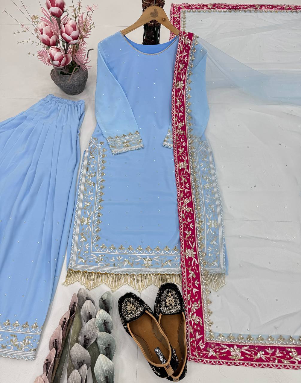 Gorgeous Sky Blue Georgette Embroidered Punjabi Style Salwar Suit