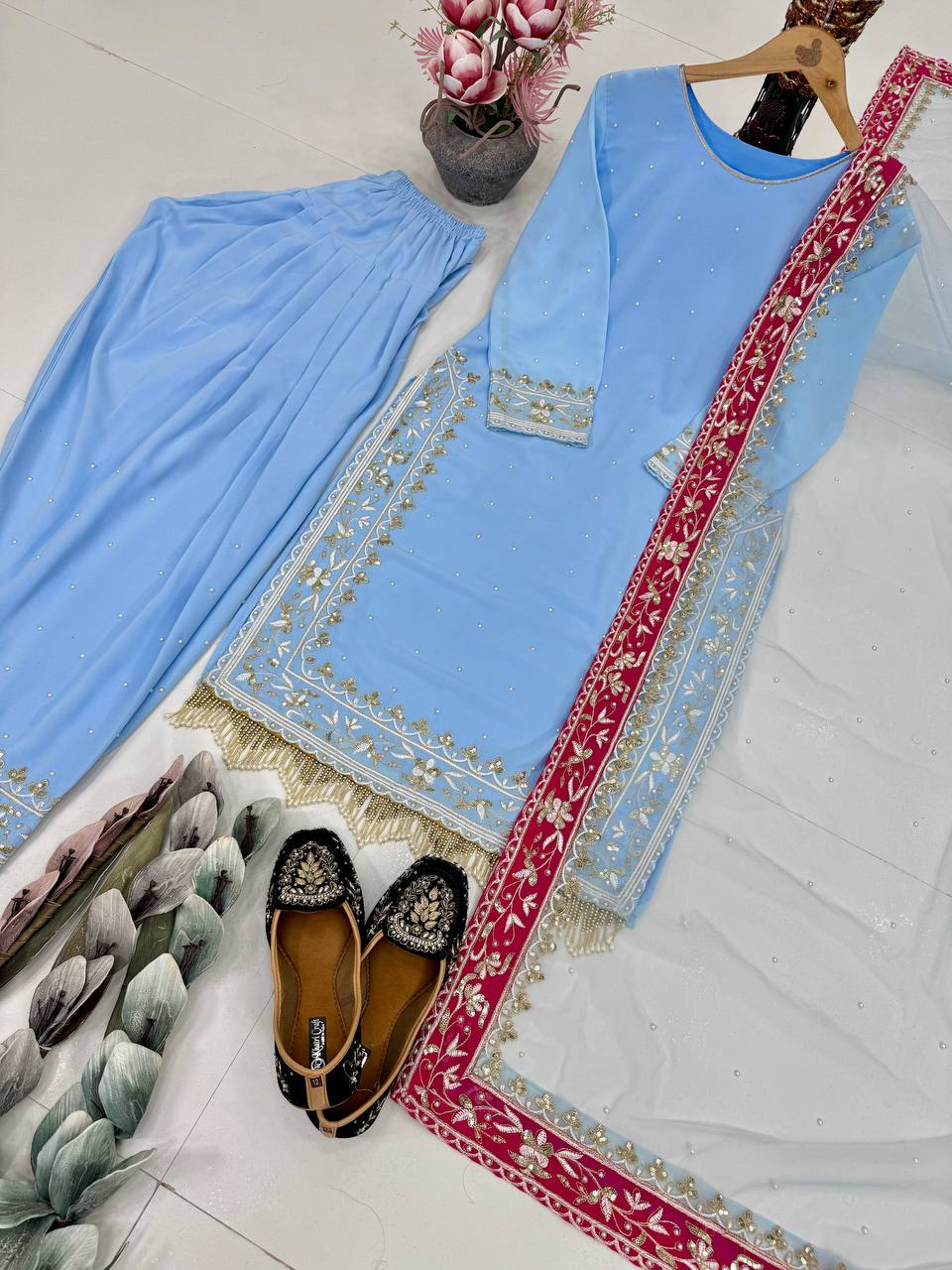 Gorgeous Sky Blue Georgette Embroidered Punjabi Style Salwar Suit