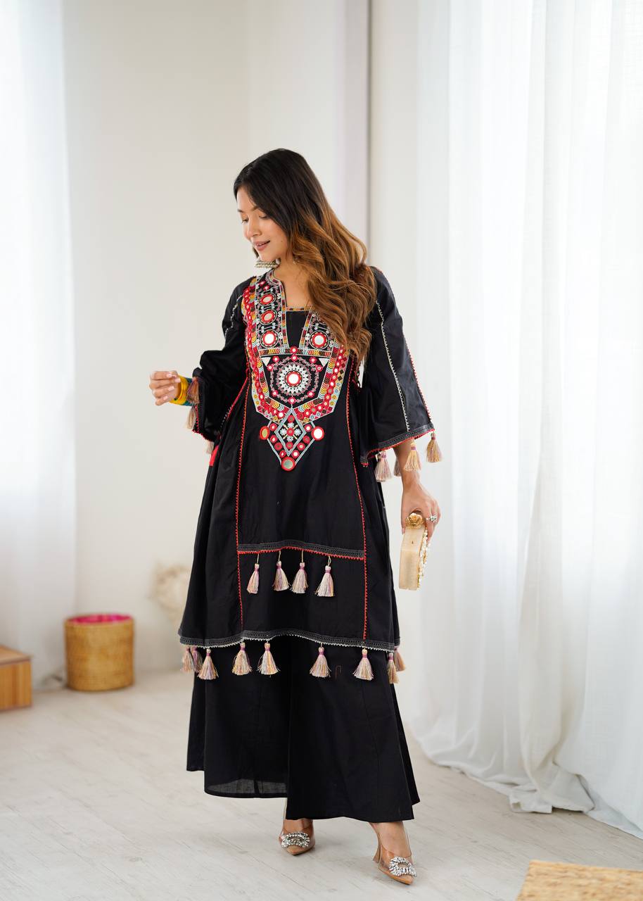 Trendy Black Khadi Cotton Embroidery Work Co-ord Set