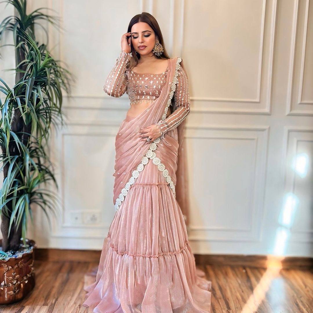 Lovely Light Pink Organza Thread Work Lehenga Saree
