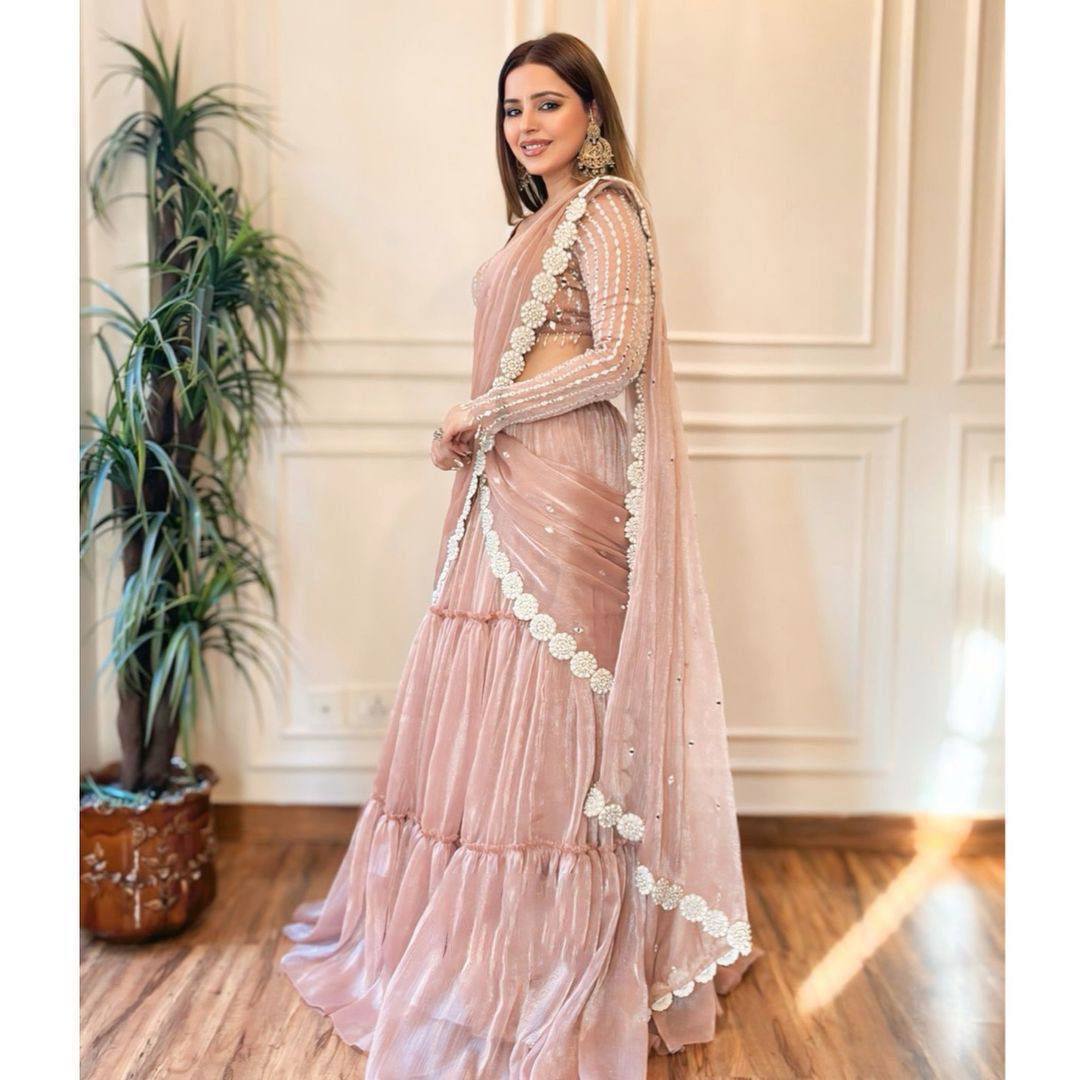 Lovely Light Pink Organza Thread Work Lehenga Saree