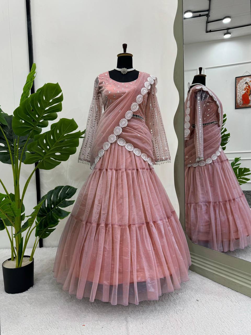 Lovely Light Pink Organza Thread Work Lehenga Saree