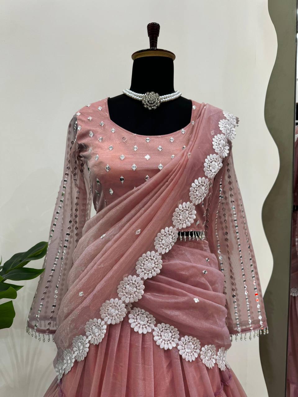Lovely Light Pink Organza Thread Work Lehenga Saree
