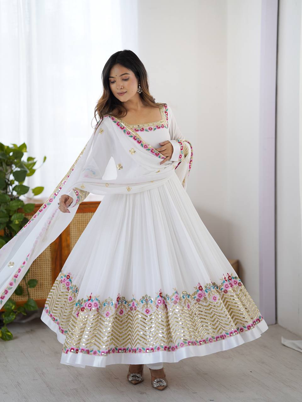 Ravishing White Georgette Embroidery Work Gown