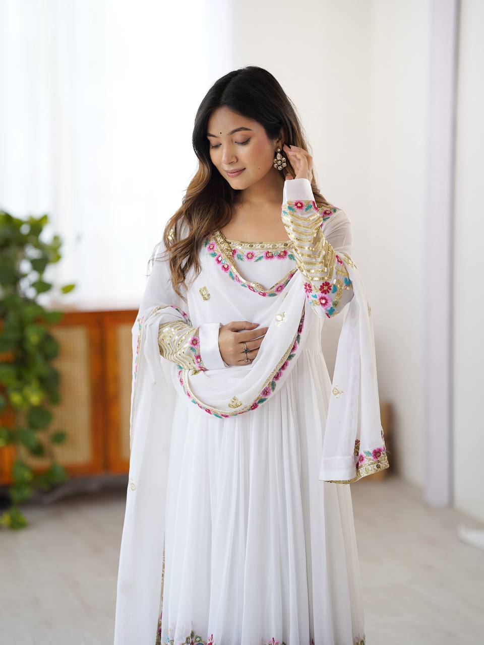 Ravishing White Georgette Embroidery Work Gown