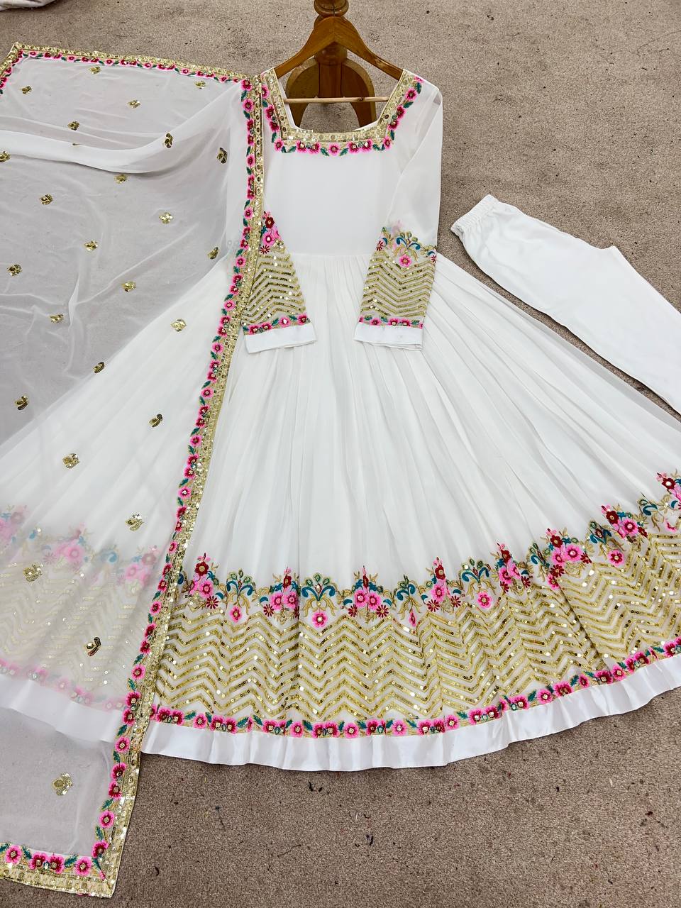 Ravishing White Georgette Embroidery Work Gown