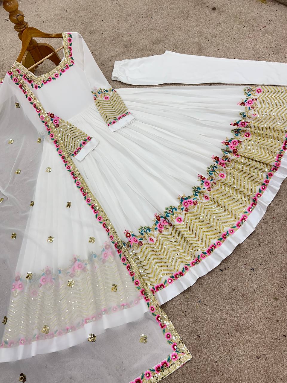 Ravishing White Georgette Embroidery Work Gown