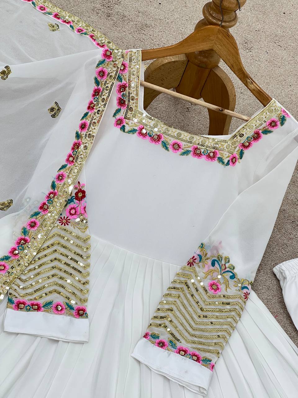 Ravishing White Georgette Embroidery Work Gown