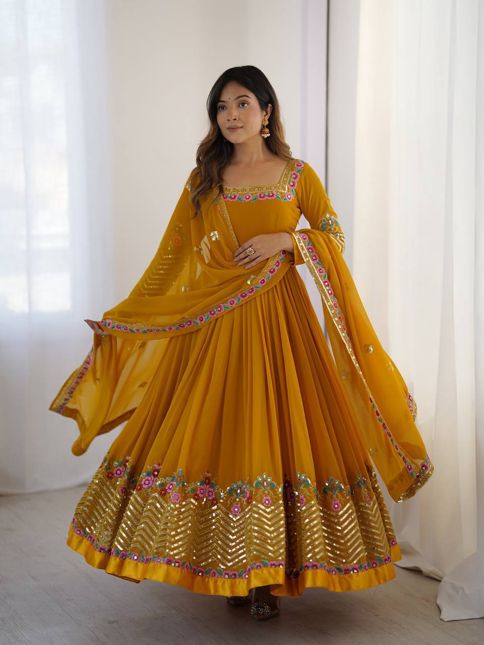 Ravishing White Georgette Embroidery Work Gown