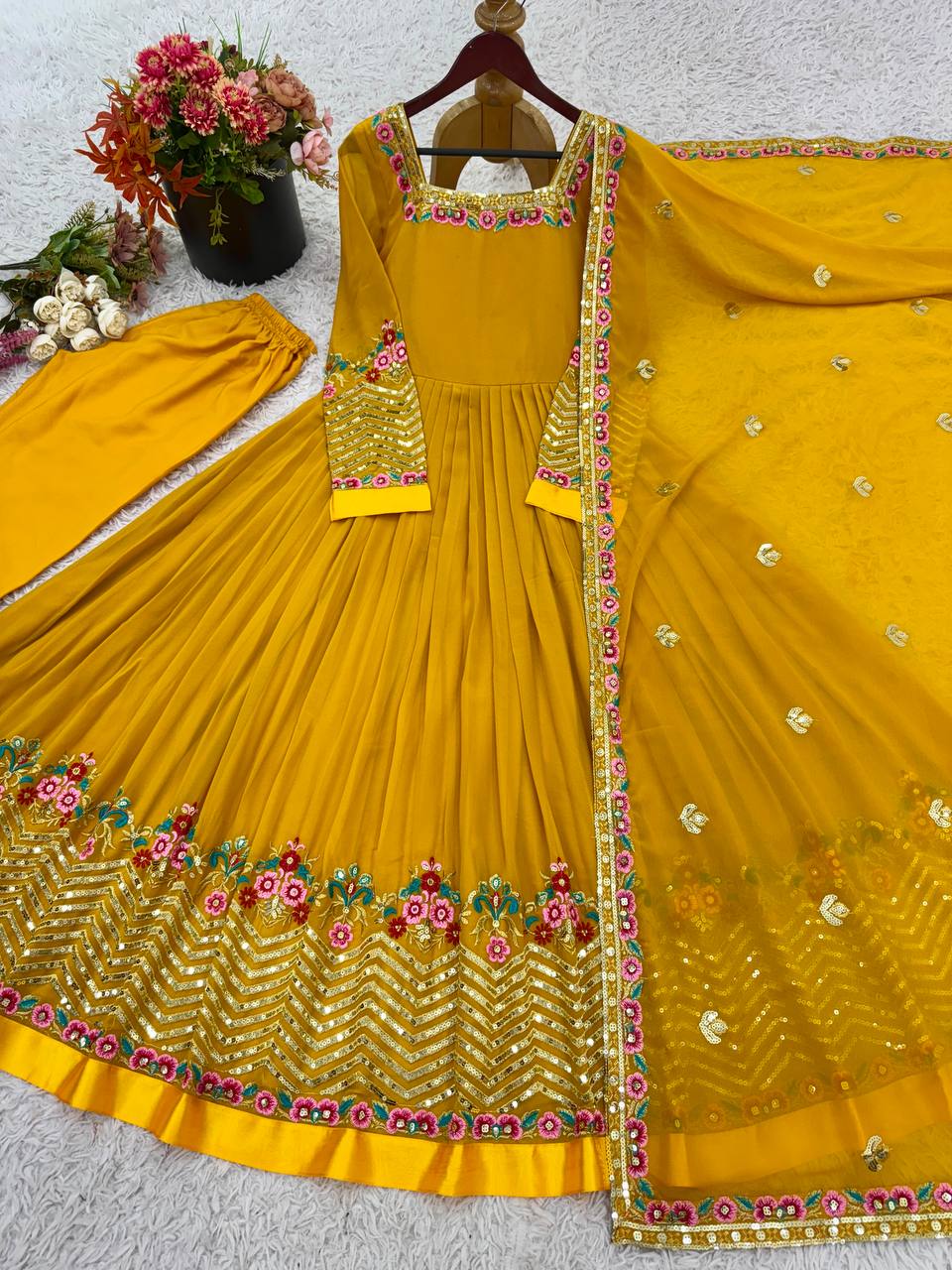 Ravishing White Georgette Embroidery Work Gown