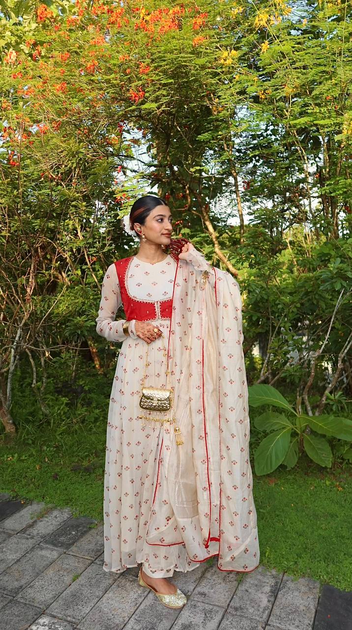 Amazing White Georgette Print Work Gown With Koti