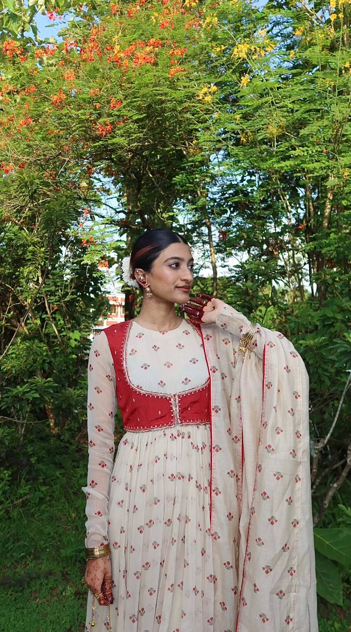 Amazing White Georgette Print Work Gown With Koti
