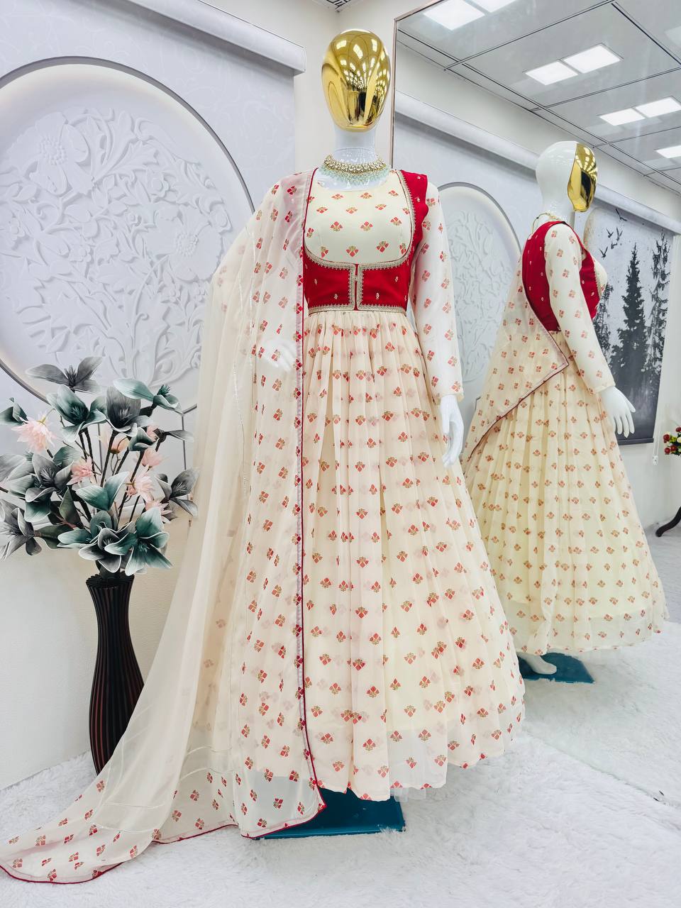Amazing White Georgette Print Work Gown With Koti